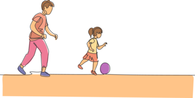 uno soltero línea dibujo de joven papá corriendo y jugando fútbol americano fútbol con su hija a público campo parque ilustración. contento familia paternidad concepto. moderno continuo línea dibujar diseño png