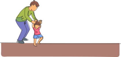 un Célibataire ligne dessin de Jeune papa enseignement le sien fille apprentissage conduire marcher à Accueil graphique illustration. content famille parentalité concept. moderne continu ligne dessiner conception png