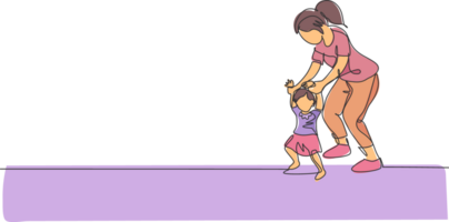 One continuous line drawing of young mom teaching her daughter learning lead walk at home. Happy family parenthood concept. Dynamic single line draw graphic design illustration png