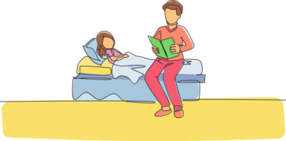 uno continuo linea disegno di giovane papà ubicazione su letto camera e lettura storia libro per il suo figlia prima dormendo. contento famiglia paternità concetto. dinamico singolo linea disegnare design illustrazione png