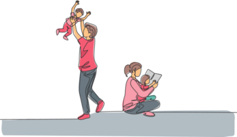 un Célibataire ligne dessin de Jeune séance sur sol et en train de lire livre à fille tandis que papa en jouant avec fils à Accueil illustration. content famille parentalité concept. continu ligne dessiner conception png