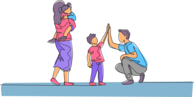 One single line drawing of young father giving high five to his son while mother carrying sleepy daughter illustration. Happy family parenting concept. Modern continuous line draw design png