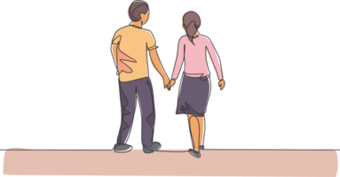 single doorlopend lijn tekening van jong paar vrouw en man wandelen samen en Holding hand, terug visie. gelukkig familie ouderschap concept. modieus een lijn trek ontwerp illustratie png