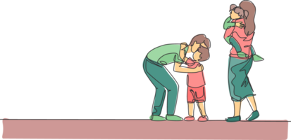 un Célibataire ligne dessin de Jeune père étreindre le sien fils avant aller à le Bureau tandis que maman porter fille à Accueil illustration. content famille parentalité concept. continu ligne dessiner conception png