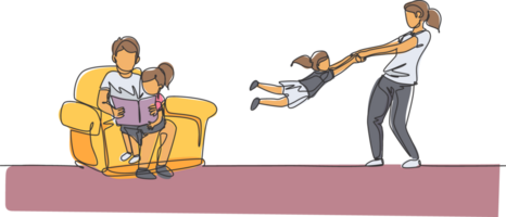 One continuous line drawing of young mom playing with daughter while dad sitting on sofa and reading book. Happy family parenting concept. Dynamic single line draw design illustration png