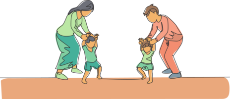 uno soltero línea dibujo de joven padres enseñando su gemelo niños a caminar a hogar ilustración. contento familia paternidad concepto. moderno continuo línea dibujar diseño png
