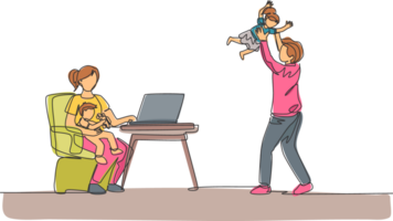 One continuous line drawing of young mother work typing on laptop and father playing with daughter at home. Happy family parenting concept. Dynamic single line draw design illustration png