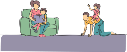 One continuous line drawing of young play with daughter while mother sitting on sofa and reading book to son. Happy family parenting concept. Dynamic single line draw design illustration png