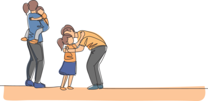 One continuous line drawing of young father hugging his daughter before go to the office while mother carrying son at home. Happy family parenting concept. Single line draw design illustration png