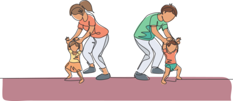 uno soltero línea dibujo de joven padres enseñando su gemelo niños a caminar a hogar ilustración. contento familia paternidad concepto. moderno continuo línea dibujar diseño png