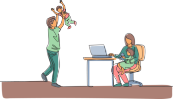 Single continuous line drawing of young mom work typing on laptop and dad playing with son at home. Happy family parenting concept. Trendy one line draw design illustration png