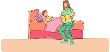 Single continuous line drawing young mother siting on bedroom and reading story book to her son before sleeping. Happy family parenting concept. Trendy one line draw graphic design illustration png