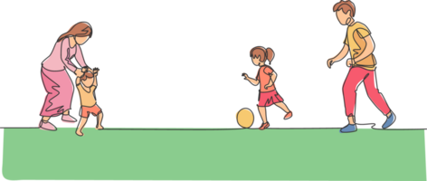 einer Single Linie Zeichnung von jung Vater spielen Fußball mit Tochter während Mutter Lehren Sohn zu gehen beim Feld Illustration. glücklich Familie Erziehung Konzept. modern kontinuierlich Linie zeichnen Design png