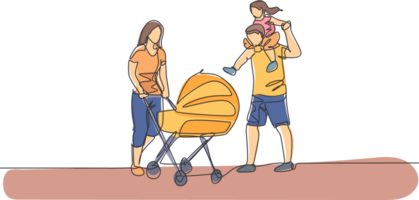 uno continuo linea disegno di giovane madre spingendo bambino passeggino a parco mentre padre trasporto il suo figlio su spalla. contento famiglia genitorialità concetto. dinamico singolo linea disegnare design illustrazione png