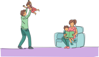 Single continuous line drawing of young mother sitting on sofa and reading book to son while father play with daughter at home. Happy family parenting concept. One line draw design illustration png
