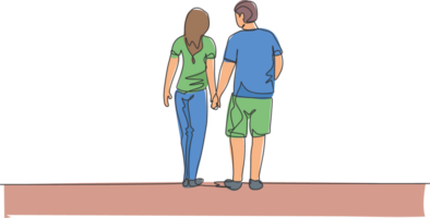 een doorlopend lijn tekening van jong paar vrouw en man wandelen en Holding hand- samen, terug visie. gelukkig familie ouderschap concept. dynamisch single lijn trek ontwerp illustratie png