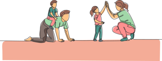 One continuous line drawing of young mother giving high five to daughter while son ride on dad's back at home. Happy family parenting concept. Dynamic single line draw design illustration png