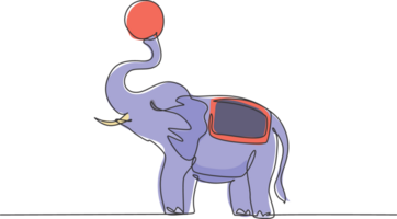 Single one line drawing of an elephant stands playing a ball at the end of its trunk. The circus audience was amazed by the show. Modern continuous line draw design graphic illustration. png