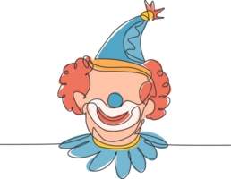 Single einer Linie Zeichnung von das Gesicht von ein männlich Clown tragen ein Zirkus Hut mit ein heiter Lächeln Das ist sehr charakteristisch. Zirkus zeigen. modern kontinuierlich Linie zeichnen Design Grafik Illustration. png