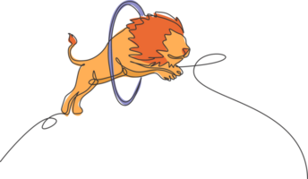 Célibataire un ligne dessin de une Lion sauter dans le cercle à une cirque montrer. le entraîneur est en train de regarder soigneusement. réussi cirque spectacle concept. continu ligne dessiner conception graphique illustration. png