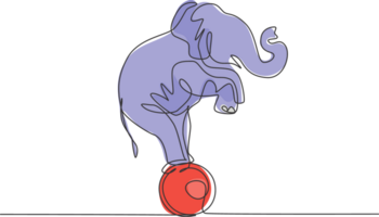 kontinuerlig ett linje teckning en tränad elefant står på de boll med dess framben Uppfostrad. mycket Bra prestanda och framgångsrik cirkus show. enda linje dra design grafisk illustration. png