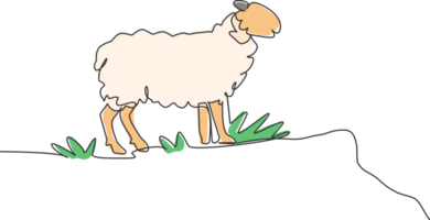 Single continuous line drawing of the sheep were standing on the edge of the meadow looking for food. Successful farming minimalism concept. Dynamic one line draw graphic design illustration. png