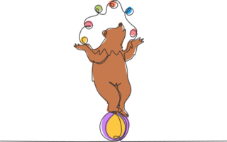 Single one line drawing of a trained brown bear juggling on its head while standing on a ball. A very good circus show for all audiences. Modern continuous line draw design graphic illustration png