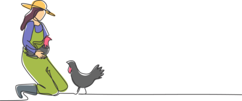 continuo uno línea dibujo joven hembra granjero arrodillado abajo a recoger arriba el pollo. a regreso a el cooperativa. exitoso agricultura minimalista concepto. soltero línea dibujar diseño gráfico ilustración. png