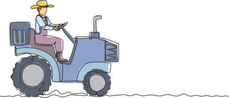 Single kontinuierlich Linie Zeichnung jung männlich Farmer Fahrt ein Traktor zu Pflug das Felder. Start ein Neu Pflanzen Zeitraum. Landwirtschaft Minimalismus Konzept. dynamisch einer Linie zeichnen Grafik Design Illustration. png