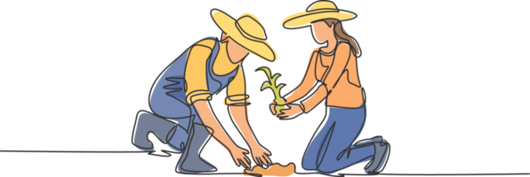 solteiro contínuo linha desenhando casal agricultor plantio plantar fotos dentro a chão. começar a plantio período. minimalismo metáfora conceito. dinâmico 1 linha desenhar gráfico Projeto ilustração. png