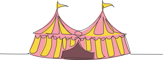 Single one line drawing of two circus tents together with stripes and flags at the top. Show place for clowns, magicians, animals. Modern continuous line draw design graphic illustration. png