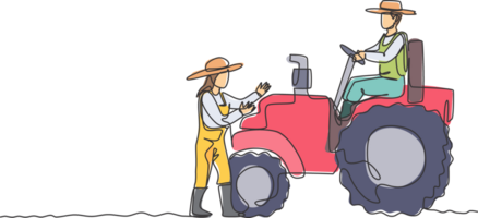 soltero continuo línea dibujo masculino granjero conducir un tractor a arado el campos y hembra agricultores ayudó. exitoso agricultura desafío mínimo concepto. uno línea dibujar gráfico diseño ilustración. png