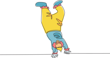 kontinuierlich einer Linie Zeichnung männlich Clowns ausführen Handstand Stunts welche überraschen alle das Publikum. Ja wirklich großartig Show auf das Zirkus Bühne diese Zeit. Single Linie zeichnen Design Grafik Illustration. png