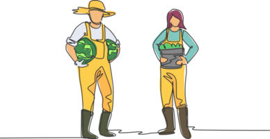 Single one line drawing of couple farmer carrying a basket full of fruit with both they hands from the harvest. Farming minimalism concept. Continuous line draw design graphic illustration png