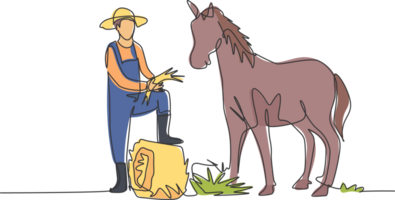 Single continuous line drawing young male farmer stomped one of its feet into the curled hay as it was about to feed the horse. Minimalism concept. One line draw graphic design illustration. png