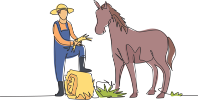 Célibataire continu ligne dessin Jeune Masculin agriculteur piétiné un de ses pieds dans le recourbé foins comme il a été à propos à alimentation le cheval. minimalisme concept. un ligne dessiner graphique conception illustration. png