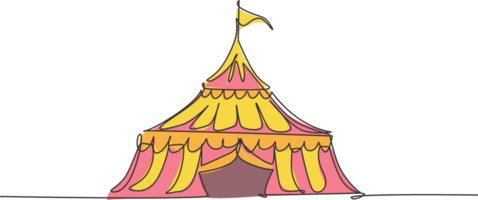 Single continuous line drawing circus tent in the shape of a triangle with stripes and a flag at the top. Show place for clowns, magicians, animals. One line draw graphic design illustration. png