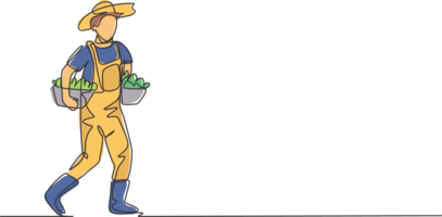 Single continuous line drawing male farmer carrying boxes and baskets of fruit in his right and left hands. Successful harvest minimalism concept. One line draw graphic design illustration png