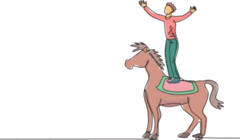 soltero continuo línea dibujo un masculino acróbata realiza un truco en un circo caballo por en pie en el caballos espalda y levantamiento su manos. dinámica uno línea dibujar gráfico diseño ilustración. png