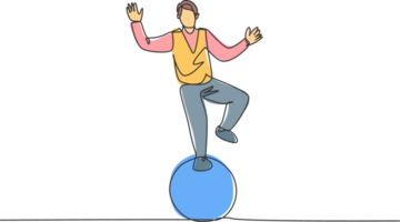 contínuo 1 linha desenhando uma masculino acrobata executa uma em pé façanha com 1 pé em uma circo bola enquanto realizando uma dança. interessante para a público. solteiro linha desenhar Projeto ilustração. png