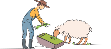 single doorlopend lijn tekening jong mannetje boer is voeden de schapen zo dat de schapen zullen worden gezond en produceren de het beste vlees. minimalisme concept. een lijn trek grafisch ontwerp illustratie. png