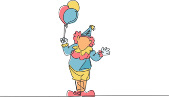 Single continuous line drawing the male clown stands while holding several balloons in his right hand. Children really like the show. Dynamic one line draw graphic design illustration. png