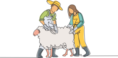 Single continuous line drawing couple farmer was cutting fleece to make a sweater. Done professionally for satisfactory results. Minimalism concept. One line draw graphic design illustration. png