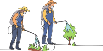 Single one line drawing of couple farmer complete with a mask spraying the plants with disinfectant sprayer. Farming minimalism concept. Continuous line draw design graphic illustration png