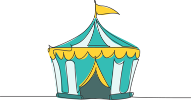 Single one line drawing of circus tent shaped like a pentagon with stripes and a flag at the top. Where clowns, magicians, animals perform. Continuous line draw design graphic illustration. png