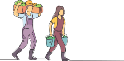 Continuous one line drawing couple farmer carrying boxes and baskets of fruit in their right and left hands and shouldered it. Minimalist concept. Single line draw design graphic illustration. png