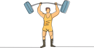 Continuous one line drawing the strongman raised the curved barbell with his two hands. His muscles were clearly visible to the circus audience Single line draw design graphic illustration. png