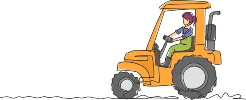 Single one line drawing of young female farmer drive a tractor to plow the fields. Successful farming challenge minimal concept. Modern continuous line draw design graphic illustration. png