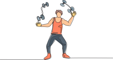 Single one line drawing an acrobat juggling small dumbbells. This game requires dexterity, concentration, and constant practice. Modern continuous line draw design graphic illustration. png