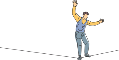 Continuous one line drawing a male acrobat walking on a rope while dancing and raising his hands. This attraction requires courage and agility. Single line draw design graphic illustration. png